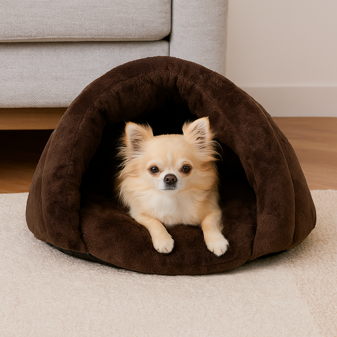Legowisko w kształcie jaskini dla małych psów – Zdejmowany pokrowiec – Antypoślizgowy spód – Materiał tekstylny