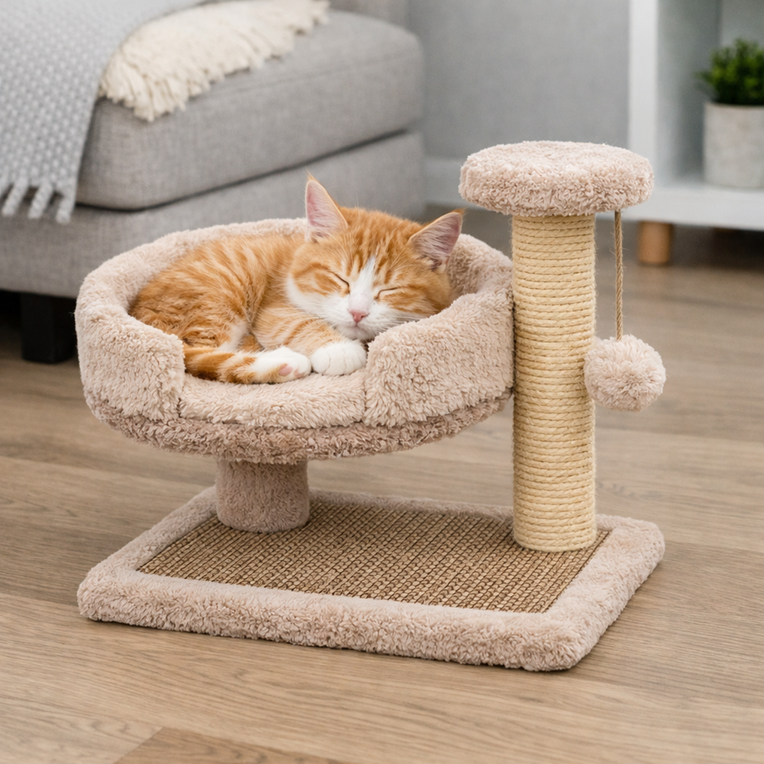 Drapak dla kotów z legowiskiem i wiszącą zabawką